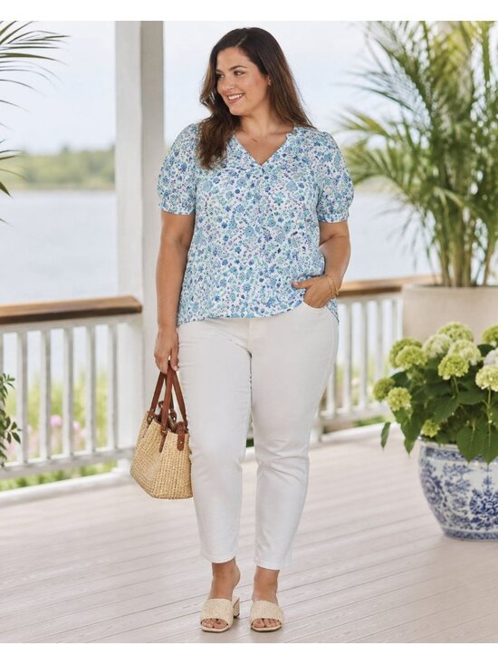 Draper James Tops - Draper James Blue White Floral Paisley V Neck Puff Sleeve Top Size XXL